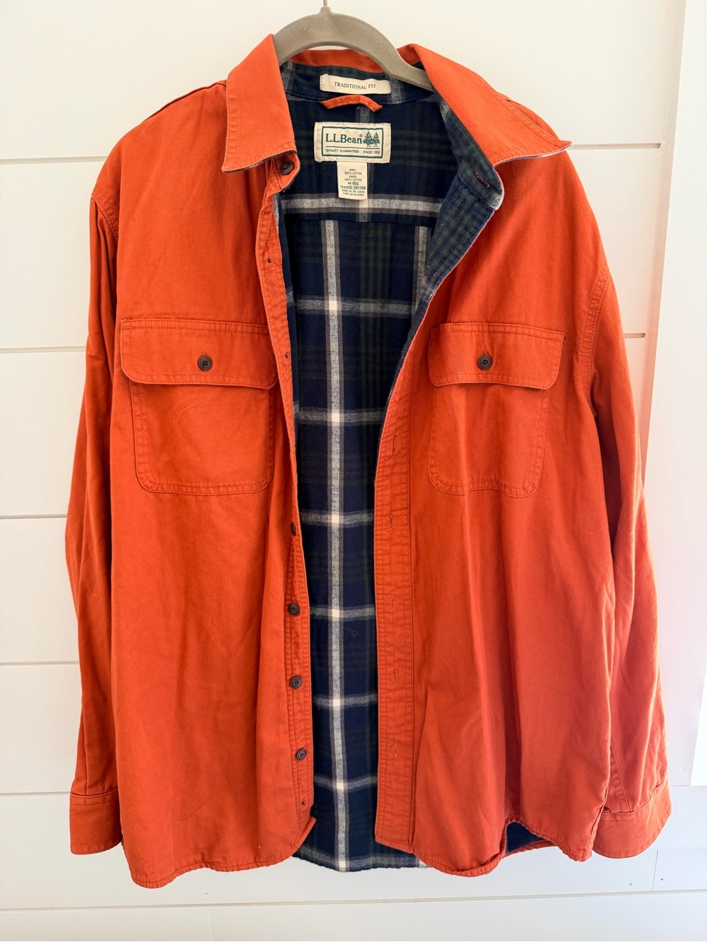 L.L. Bean Men's Orange Canvas button up with Plaid Lining